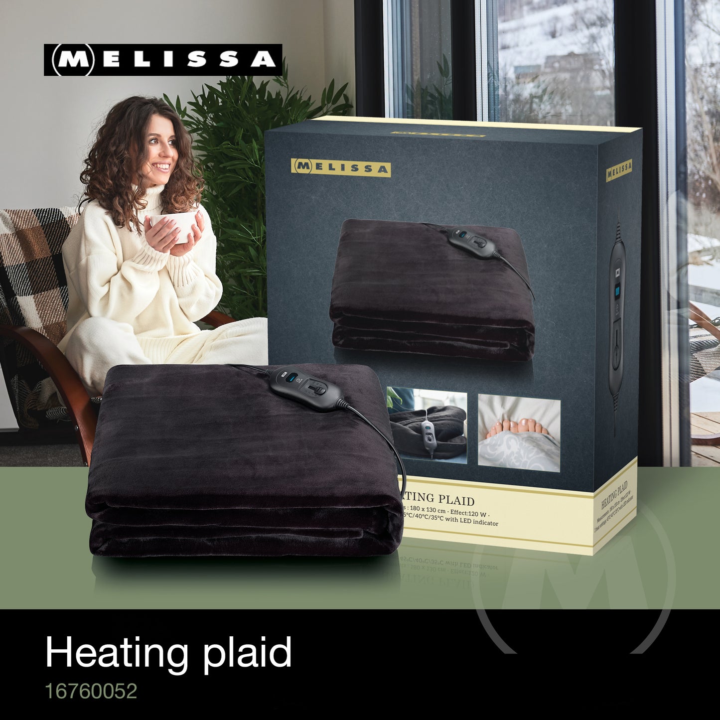 Melissa 16760052 - Large electric heating blanket with built-in overheat protection and automatic switch-off, 180 x 130 cm, flannel fleece - Black